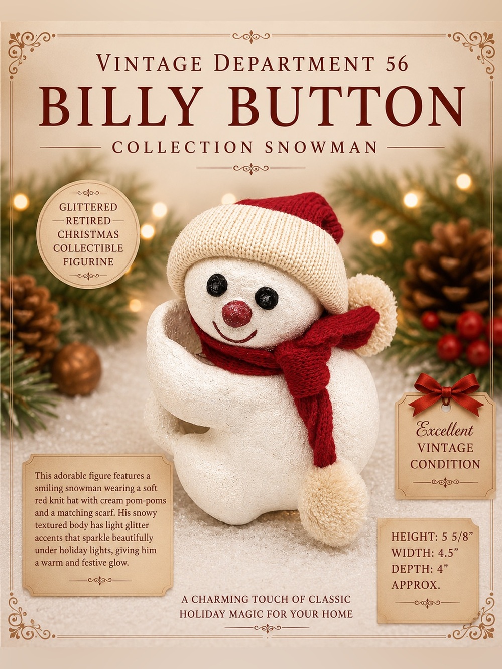 Department 56 Billy Button Hugging Snowman Retired Glittered Christmas Figurine